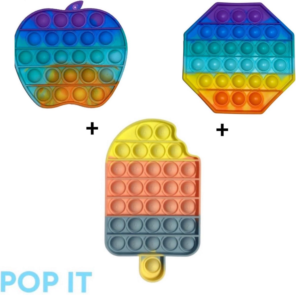 POP IT | Fidget toys pakket | Unieke Set 3 in 1  Appel Rainbow + Achthoek & Multi ijsje | 2021 Trend | Vermindert stress | Cadeautip